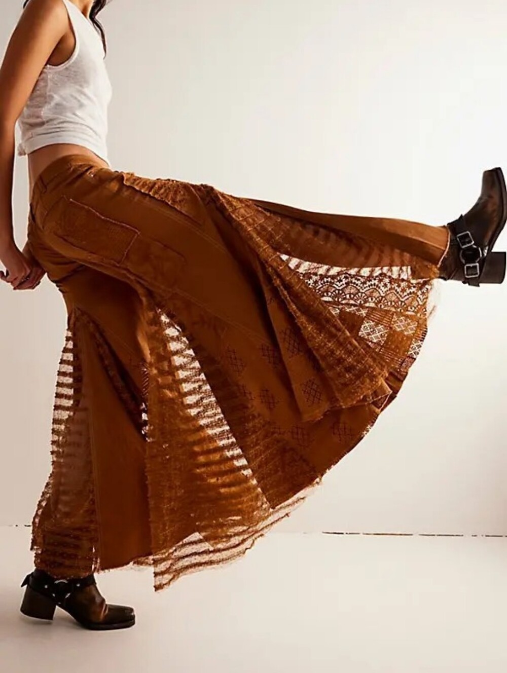 We The Free Great Escape Wide Leg Jeans | Rust Brown | Lace Inset | Size 29 - Picture 3 of 11